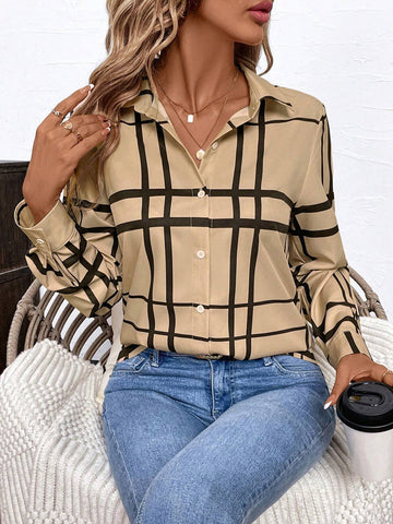Clasi Women's Collared Button-Up Shirt With Black Striped Plaid Pattern, Long Sleeve, Khaki Color, Elegant City Commute Style Suitable For Spring, Autumn And Winter