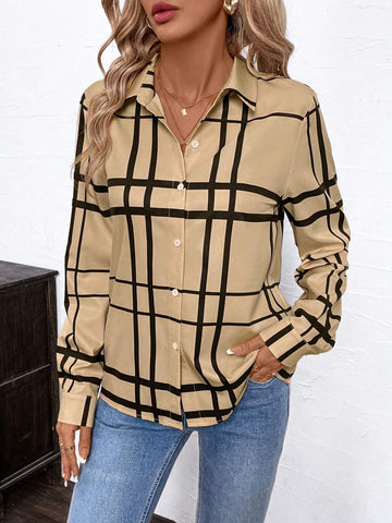 Clasi Women's Collared Button-Up Shirt With Black Striped Plaid Pattern, Long Sleeve, Khaki Color, Elegant City Commute Style Suitable For Spring, Autumn And Winter