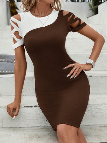 Women's Color Block Cold Shoulder Bodycon Dress
