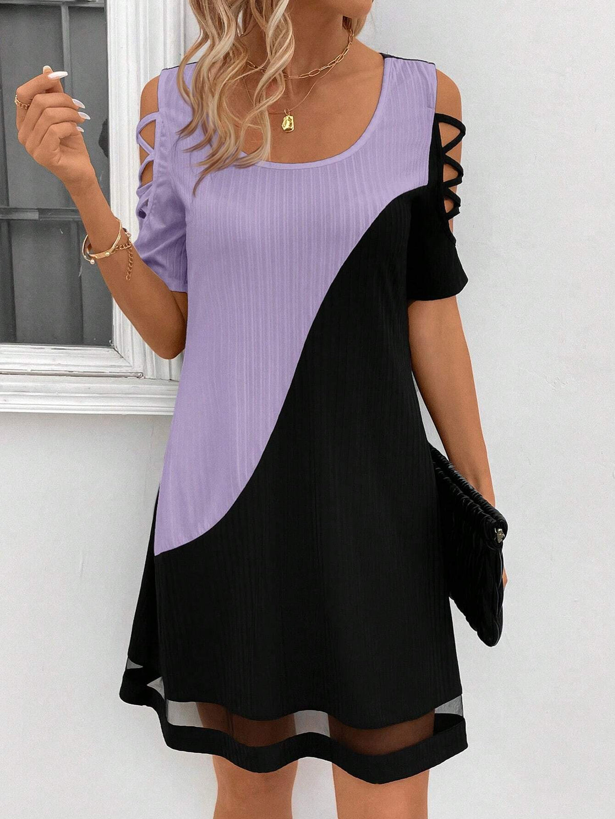 Women's Color Block Cut Out Sleeve Short Sleeve Summer Dress