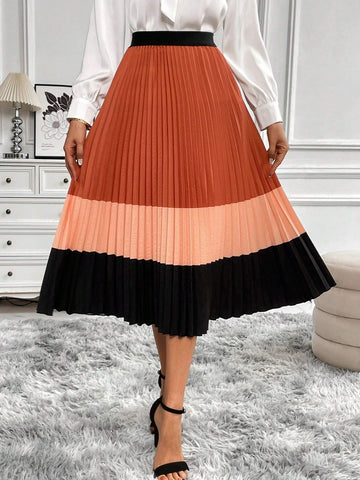Clasi Women's Color Block Pleated Long Skirt
