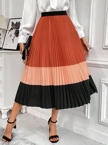 Clasi Women's Color Block Pleated Long Skirt