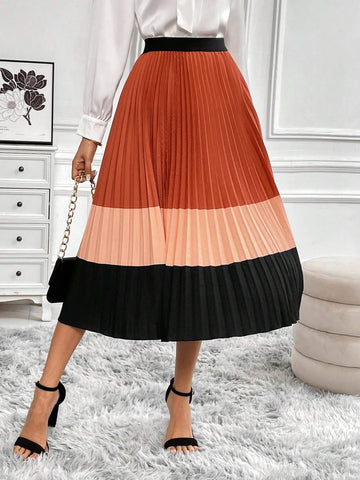 Clasi Women's Color Block Pleated Long Skirt