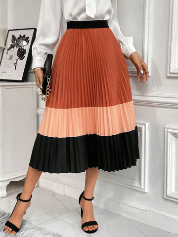 Clasi Women's Color Block Pleated Long Skirt