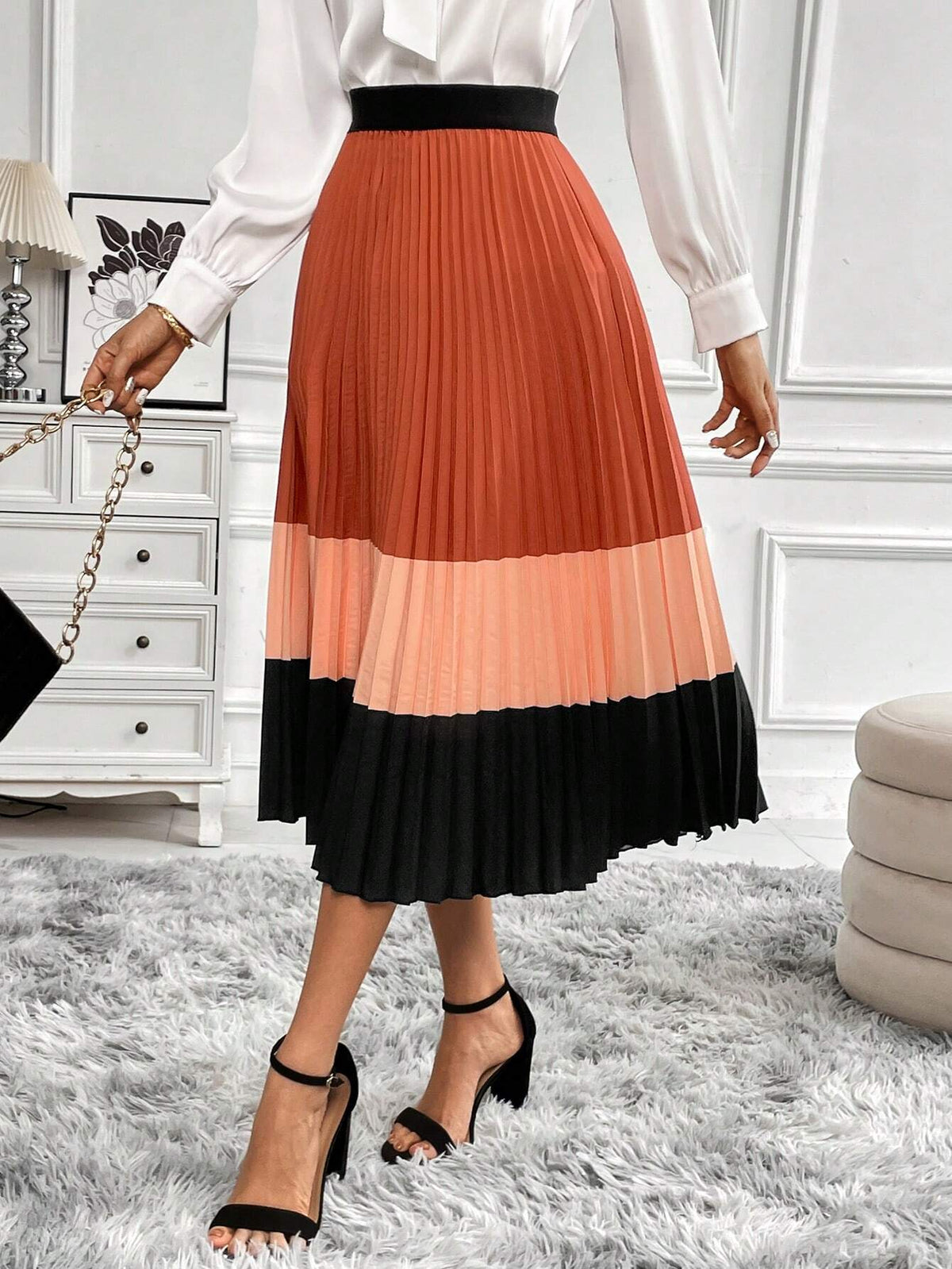 Clasi Women's Color Block Pleated Long Skirt