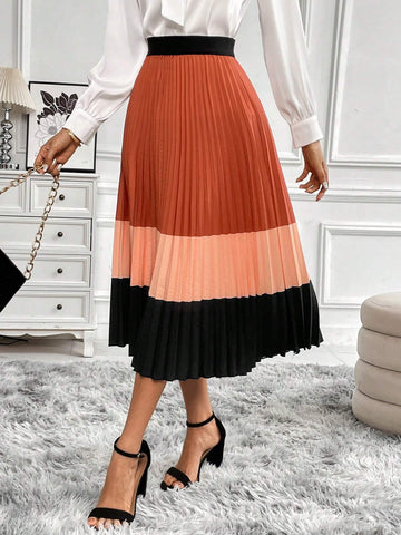 Clasi Women's Color Block Pleated Long Skirt