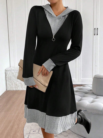 Women's Color Blocked Long Sleeve Zip-Up Half Placket Hooded Casual Mini Dress, Autumn
