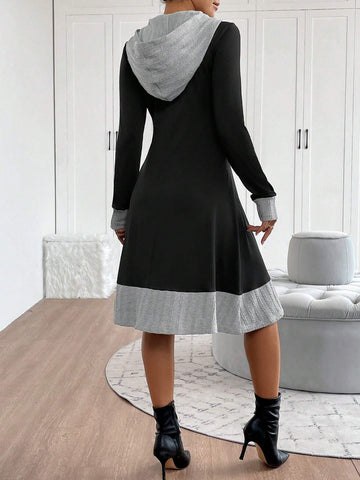 Women's Color Blocked Long Sleeve Zip-Up Half Placket Hooded Casual Mini Dress, Autumn