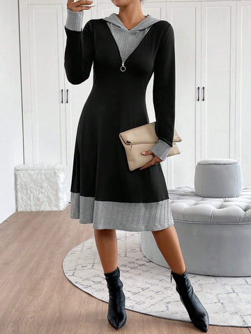 Women's Color Blocked Long Sleeve Zip-Up Half Placket Hooded Casual Mini Dress, Autumn