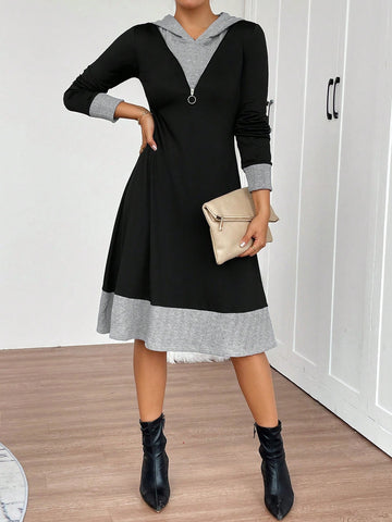 Women's Color Blocked Long Sleeve Zip-Up Half Placket Hooded Casual Mini Dress, Autumn