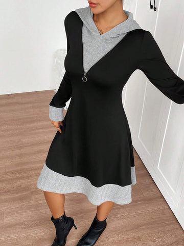 Women's Color Blocked Long Sleeve Zip-Up Half Placket Hooded Casual Mini Dress, Autumn