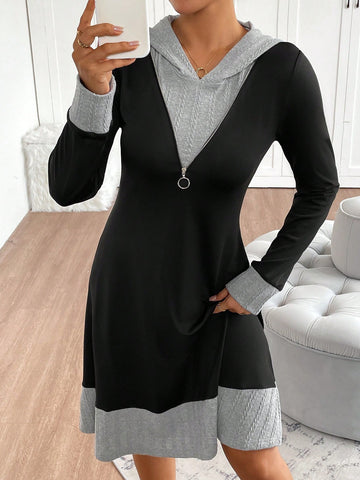 Women's Color Blocked Long Sleeve Zip-Up Half Placket Hooded Casual Mini Dress, Autumn