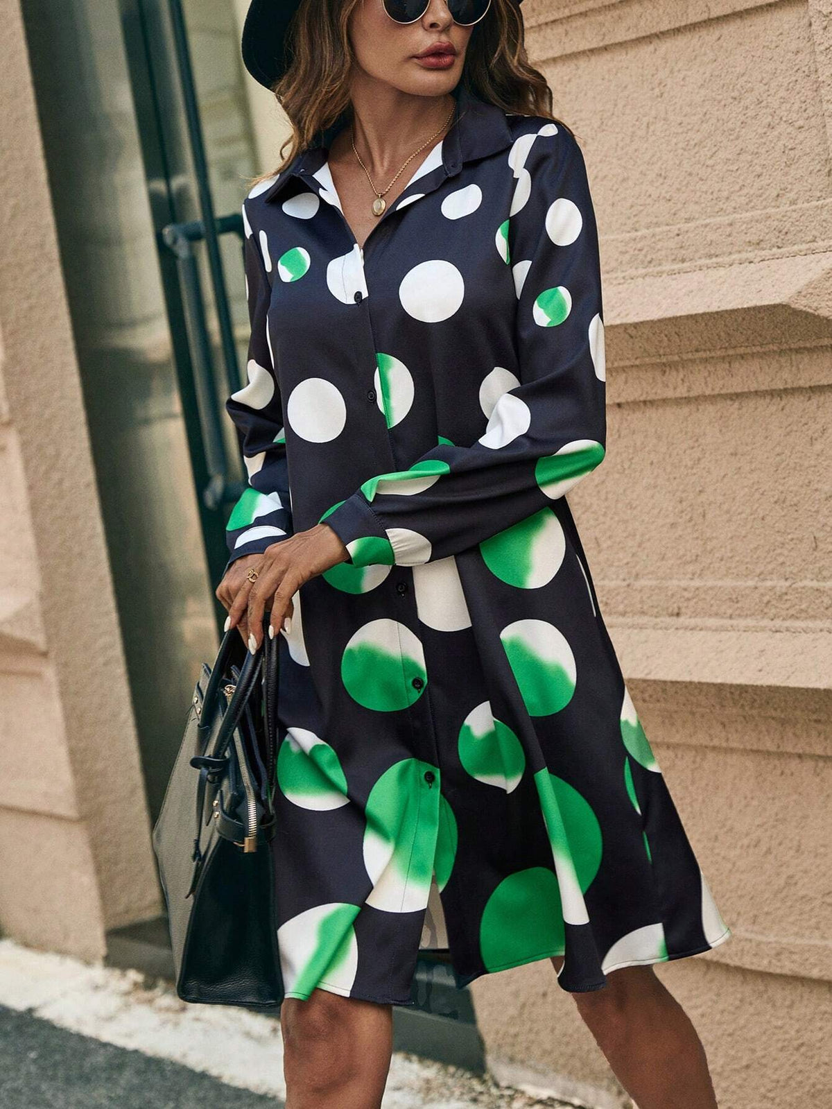 Women's Colorblock Polka Dot Long Sleeve Shirt Dress