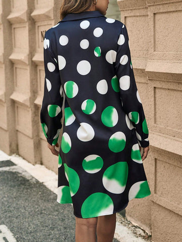 Women's Colorblock Polka Dot Long Sleeve Shirt Dress