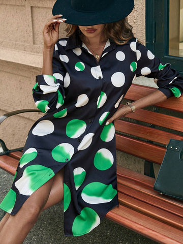 Women's Colorblock Polka Dot Long Sleeve Shirt Dress