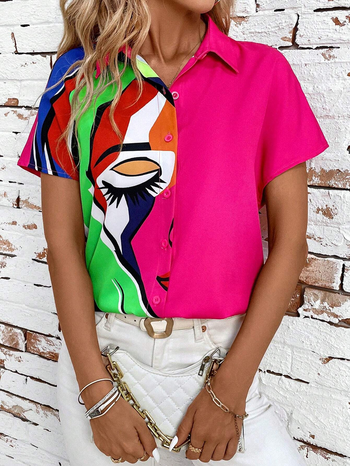 Clasi Women's Colorful Printed Solid Color Splice Buckled Short Sleeve Shirt