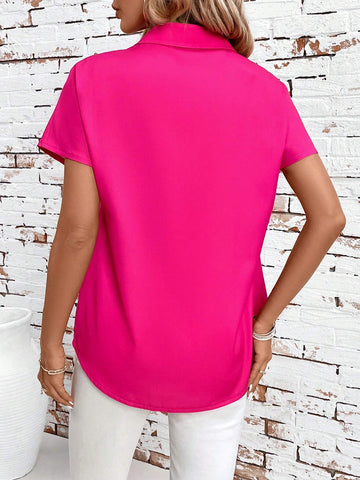 Clasi Women's Colorful Printed Solid Color Splice Buckled Short Sleeve Shirt