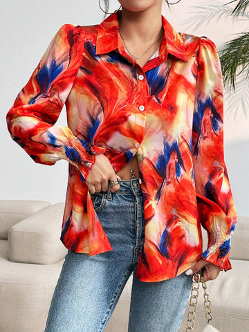 Clasi Women's Colorful Random Print Tie Neck Long Sleeve Blouse