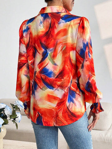 Clasi Women's Colorful Random Print Tie Neck Long Sleeve Blouse