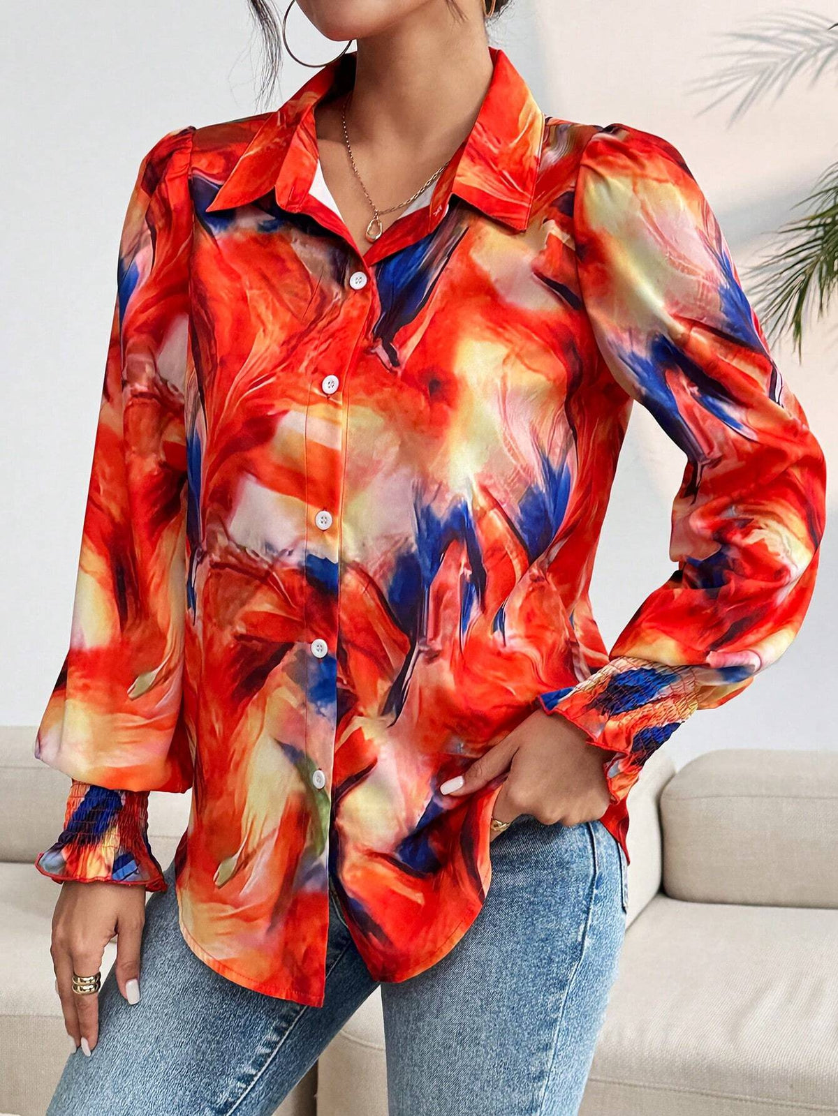 Clasi Women's Colorful Random Print Tie Neck Long Sleeve Blouse