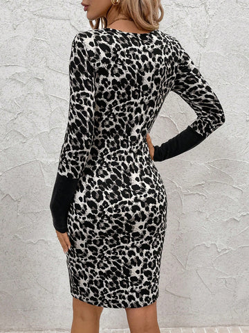 Women's Comfortable & Warm Body-Con Long Sleeve Mini Dress, Black With Leopard Print
