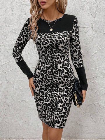 Women's Comfortable & Warm Body-Con Long Sleeve Mini Dress, Black With Leopard Print
