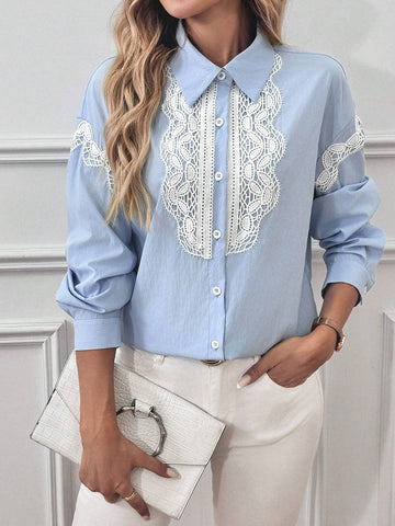Clasi Women's Contrast Lace Collar Button Front Long Sleeve Simple Casual Top