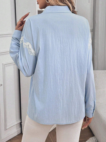 Clasi Women's Contrast Lace Collar Button Front Long Sleeve Simple Casual Top