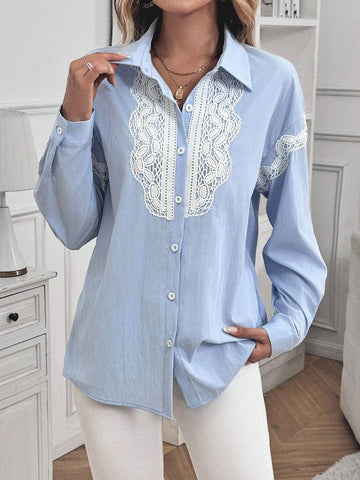 Clasi Women's Contrast Lace Collar Button Front Long Sleeve Simple Casual Top