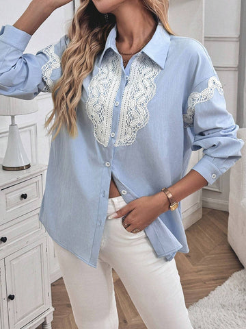 Clasi Women's Contrast Lace Collar Button Front Long Sleeve Simple Casual Top