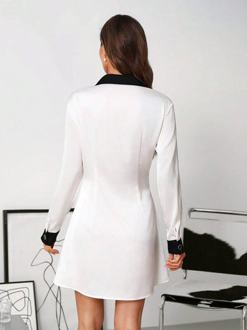 Women's Contrast Trim Lapel Metal Button Decor Open Front Loose Mini Dress