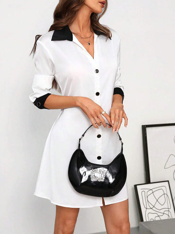 Women's Contrast Trim Lapel Metal Button Decor Open Front Loose Mini Dress