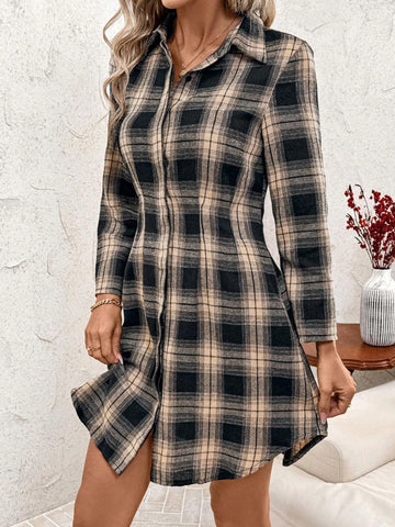 Women's Cotton Plaid Shirt Dress, Autumn/Winter