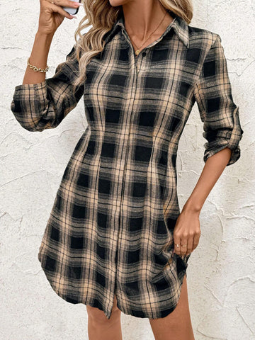 Women's Cotton Plaid Shirt Dress, Autumn/Winter
