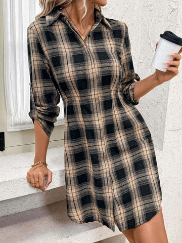 Women's Cotton Plaid Shirt Dress, Autumn/Winter