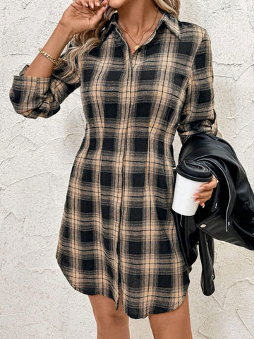 Women's Cotton Plaid Shirt Dress, Autumn/Winter