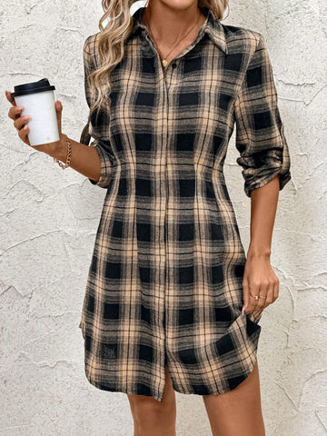 Women's Cotton Plaid Shirt Dress, Autumn/Winter