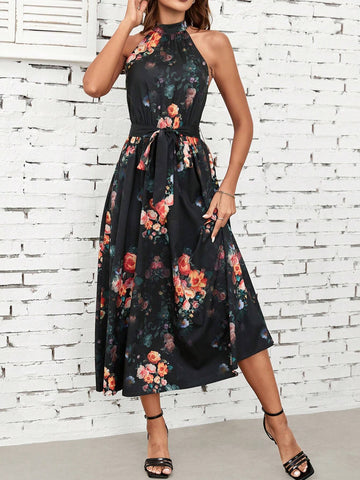 Women's Country Concert Colorful Floral Printed Off Shoulder Sleeveless Halterneck Pastel Dress With