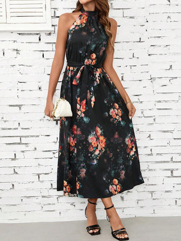 Women's Country Concert Colorful Floral Printed Off Shoulder Sleeveless Halterneck Pastel Dress With