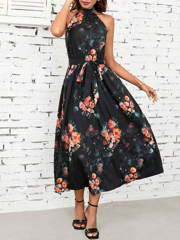 Women's Country Concert Colorful Floral Printed Off Shoulder Sleeveless Halterneck Pastel Dress With