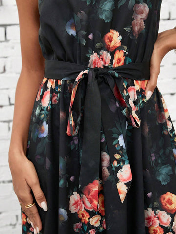 Women's Country Concert Colorful Floral Printed Off Shoulder Sleeveless Halterneck Pastel Dress With
