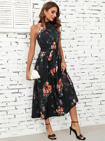 Women's Country Concert Colorful Floral Printed Off Shoulder Sleeveless Halterneck Pastel Dress With