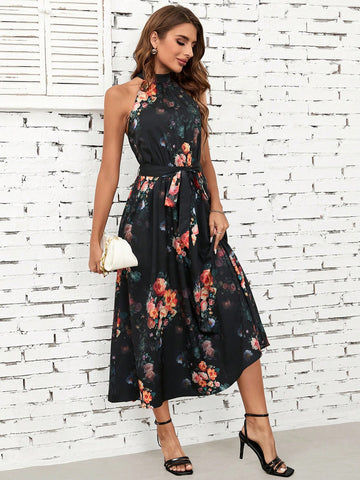 Women's Country Concert Colorful Floral Printed Off Shoulder Sleeveless Halterneck Pastel Dress With