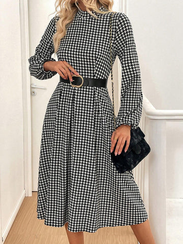 Women's Crew Neck Long Sleeve Houndstooth Elegant And Charming Dress