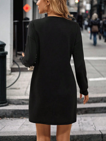 Women's Crew Neck Long Sleeve Solid Color Slim Fit Elegant Dress
