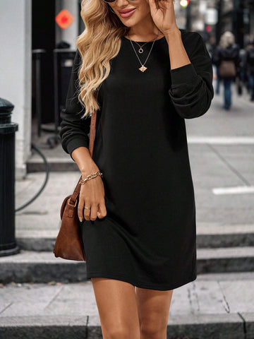 Women's Crew Neck Long Sleeve Solid Color Slim Fit Elegant Dress