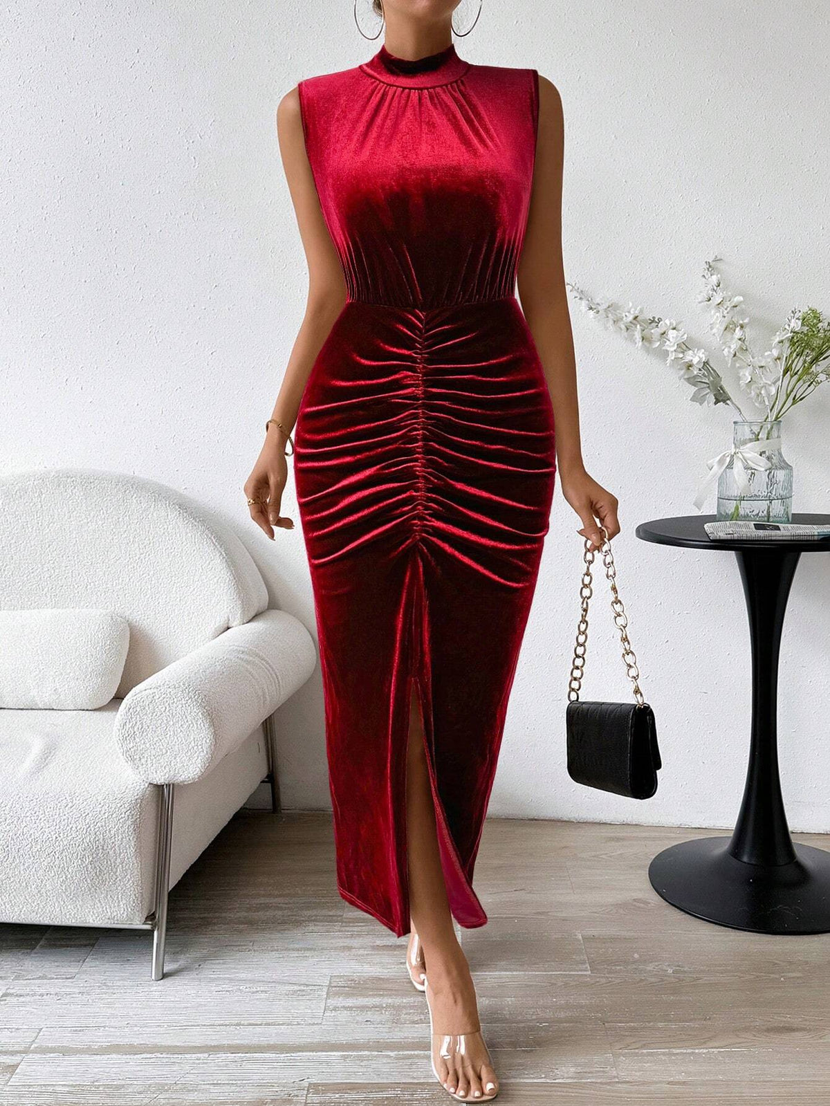 Women's Crew Neck Velvet Pleated Slit Sleeveless Elegant Dress
