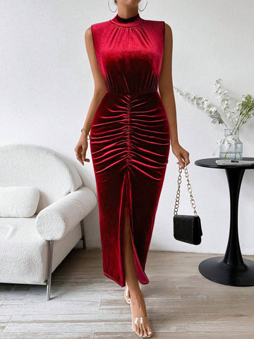 Women's Crew Neck Velvet Pleated Slit Sleeveless Elegant Dress