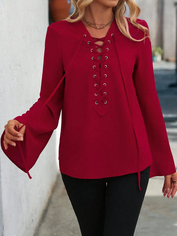 Clasi Women's Deep V-Neck Tie Front Elegant Commuter Shirt