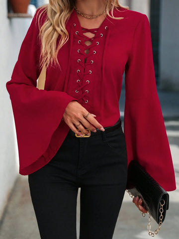 Clasi Women's Deep V-Neck Tie Front Elegant Commuter Shirt